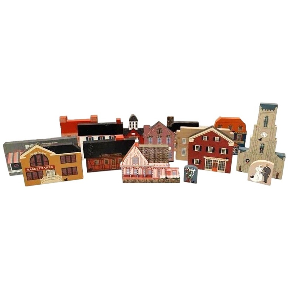 Longaberger CAT'S MEOW Block Christmas Village Bldgs Shops Houses 80s-90s 15 pcs